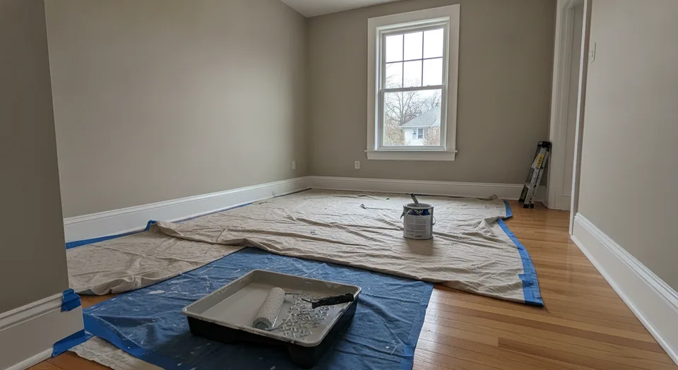 Painter rolling a fresh coat of light grey paint onto a bedroom wall in a Waterloo, Ontario house